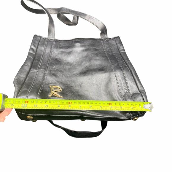 Italian Handmade Black Leather Tote Gold R Logo Shoulder Bag - Picture 11 of 13